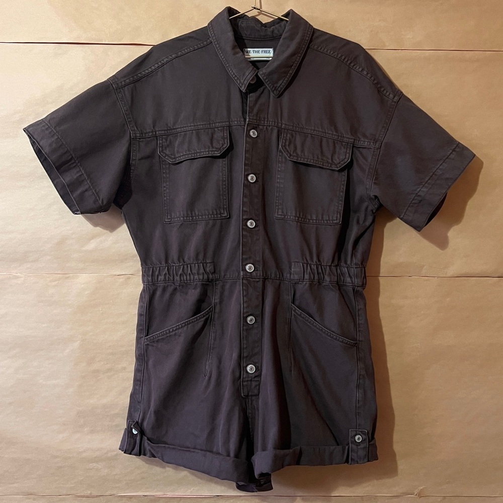 Free People We The Free Marci Cuffed Shortalls Denim Romper Mocha Brown Size XL